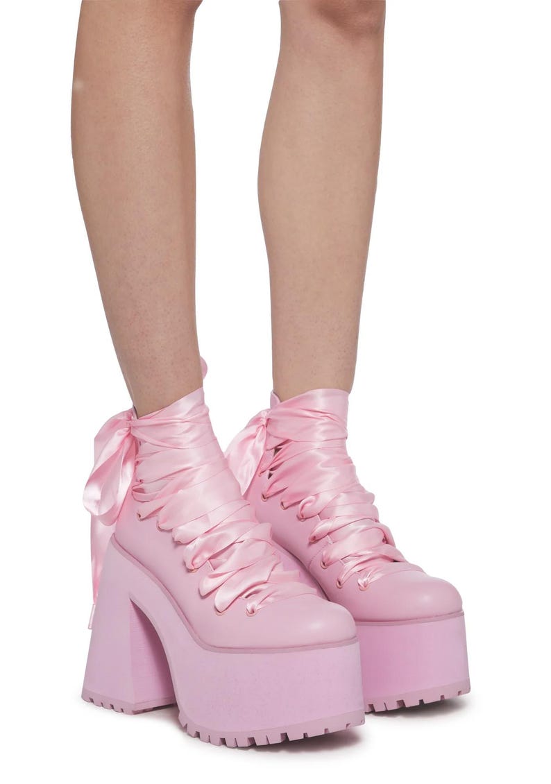 Pink Platform Heels With Satin Ribbon Laces, Y2K Balletcore Chunky Shoes, Kawaii Harajuku Clubwear Statement Footwear size eu 39 us 8 uk 6 image 9