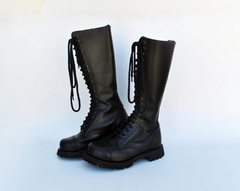 black getta grip punk boots lace up cowboy size eu 37 uk 4 us 6 high waist Winter vintage shoes military grunge leather 90s womens shoes
