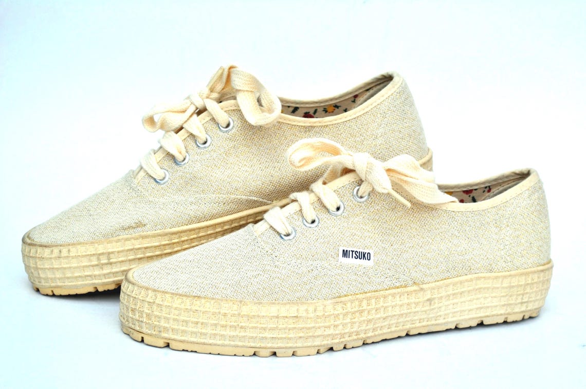 Mitsuko canvas shoes 90s sneakers vintage flat tie sneakers womens shoes size eu 38 us 7 uk 5 platform 90s beige gold glitter summer shoes, foto 2 di 5
