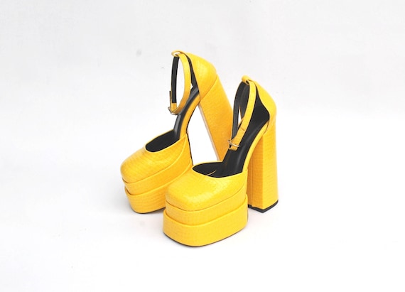 Yellow Platform Heels | Chunky High Heel Platforms | Statement Shoes | 70s Inspired Heels | Bold Party Shoessize eu 37 us 6 uk 4