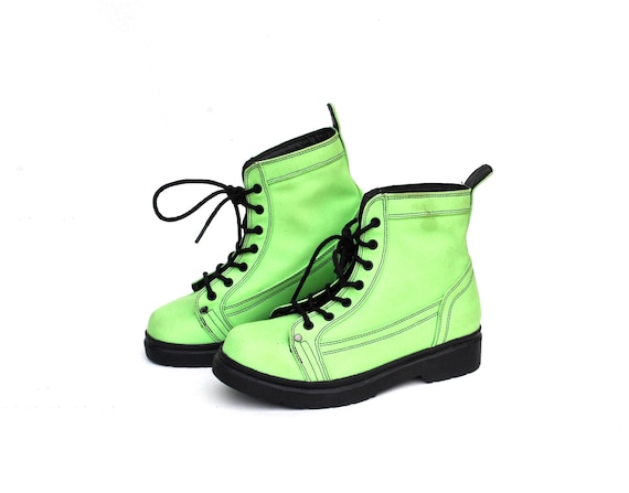 Neon Green Ankle Boots – Chunky Lace-Up Combat Boots – Retro Statement Shoes Size 38 / US 7
