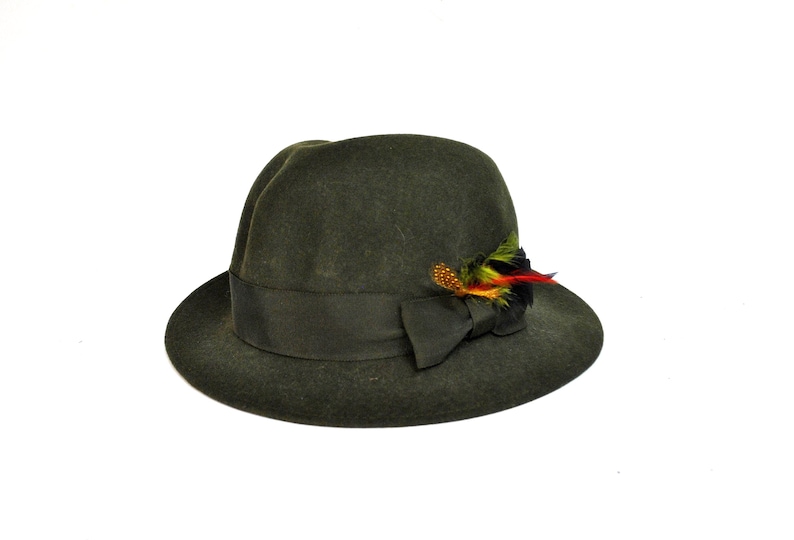 Vintage Olive Green Fedora Hat – Classic Felt Hat with Feather – Retro Gentleman Style image 1