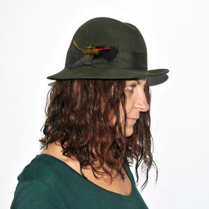 Vintage Olive Green Fedora Hat – Classic Felt Hat with Feather – Retro Gentleman Style image 8