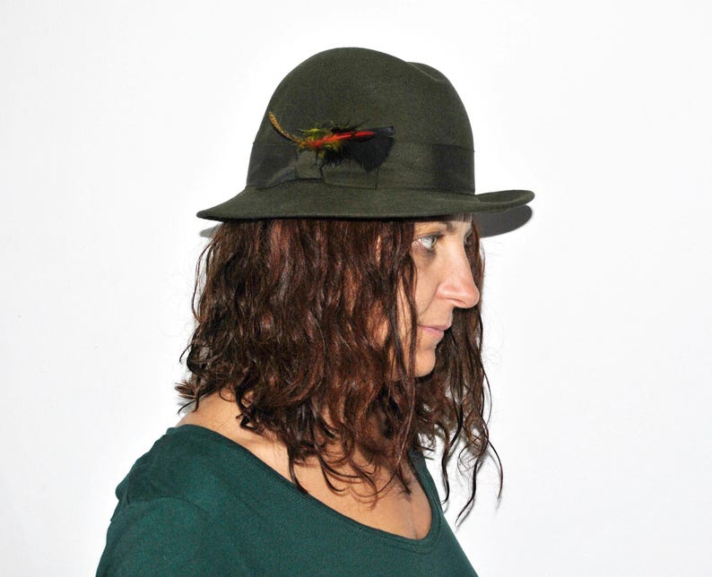 Vintage Olive Green Fedora Hat – Classic Felt Hat with Feather – Retro Gentleman Style image 8