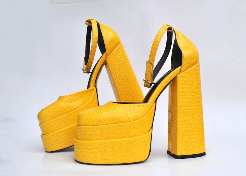 Yellow Platform Heels | Chunky High Heel Platforms | Statement Shoes | 70s Inspired Heels | Bold Party Shoessize eu 37 us 6 uk 4 image 3