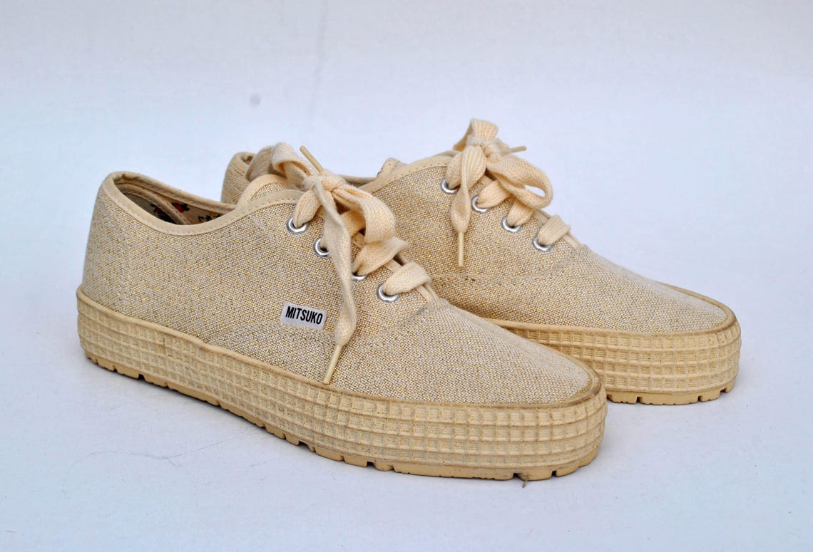 Mitsuko canvas shoes 90s sneakers vintage flat tie sneakers womens shoes size eu 38 us 7 uk 5 platform 90s beige gold glitter summer shoes, foto 4 di 5