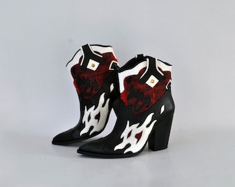 Bottes pour femmes en cuir de serpent crocodile taille ue 39 uk 6 us 8 chaussures de rock gothique bottines en cuir coachella noir flammes chaussures vintage d'hiver