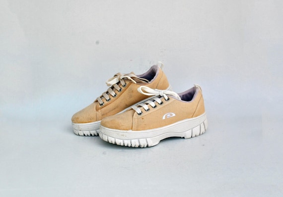 Beige chunky sneakers vintage womens shoes 90s combat sneakers summer canvas shoes size EU 40 uk 7 us 9 low casual shoes platform sneakers