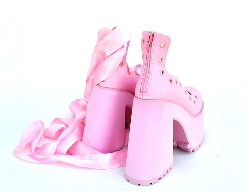 Pink Platform Heels With Satin Ribbon Laces, Y2K Balletcore Chunky Shoes, Kawaii Harajuku Clubwear Statement Footwear size eu 39 us 8 uk 6 image 5