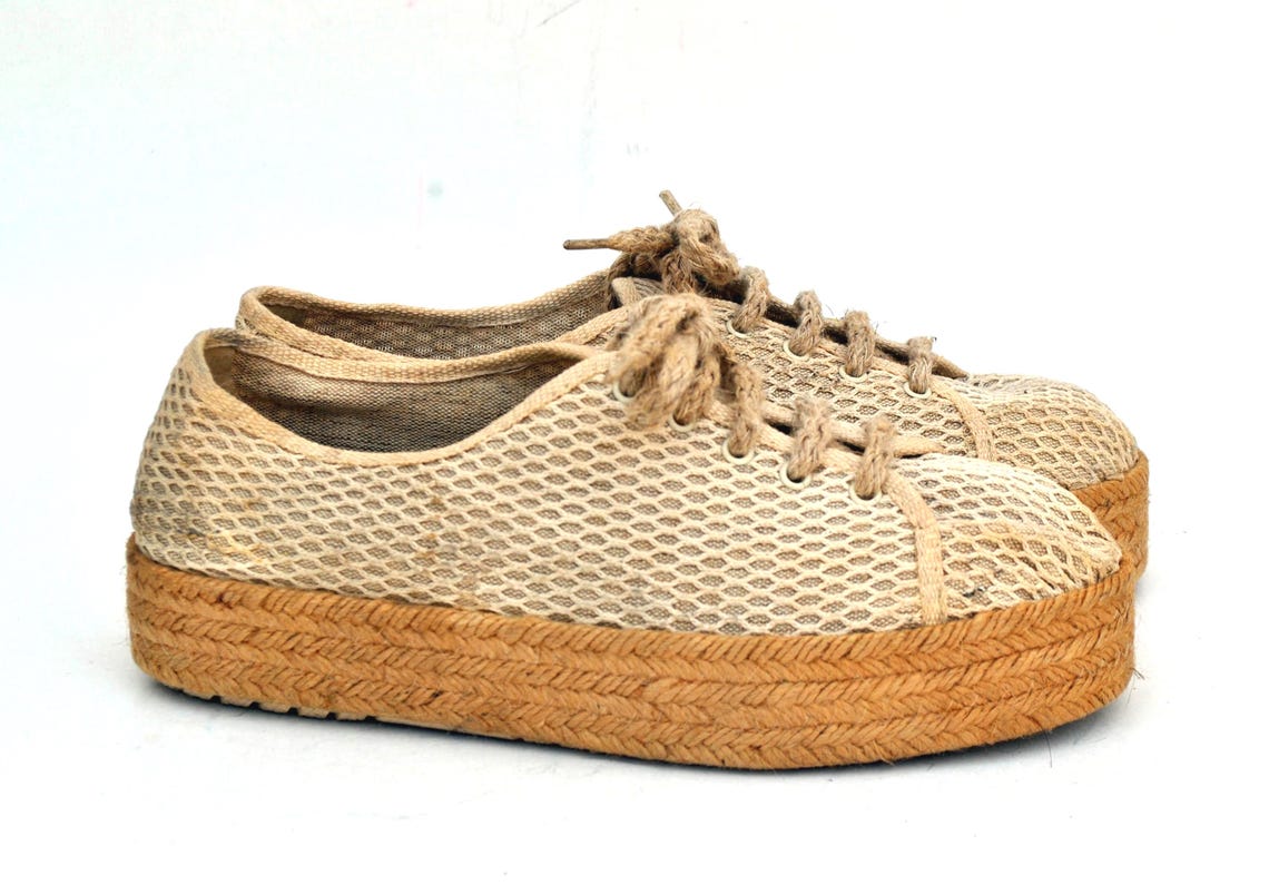 Vintage Espadrille Platform Sneakers Beige Mesh Lace Up Summer Shoes size eu 41 us 10 uk 8, foto 4 di 5