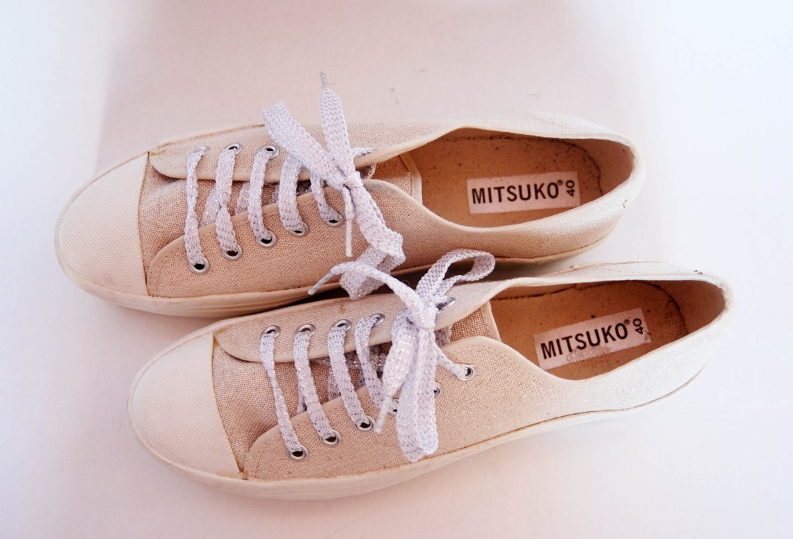Vintage Beige Platform Sneakers – Chunky Canvas Trainers – 90s Y2K Style Shoes size eu 41 us 10 uk 8, foto 4 di 5