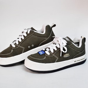 skechers khaki sneakers Grunge shoes vintage high fashion shoes low tops canvas white sole rubber green shoes canvas size eu 38 us 7 uk 5