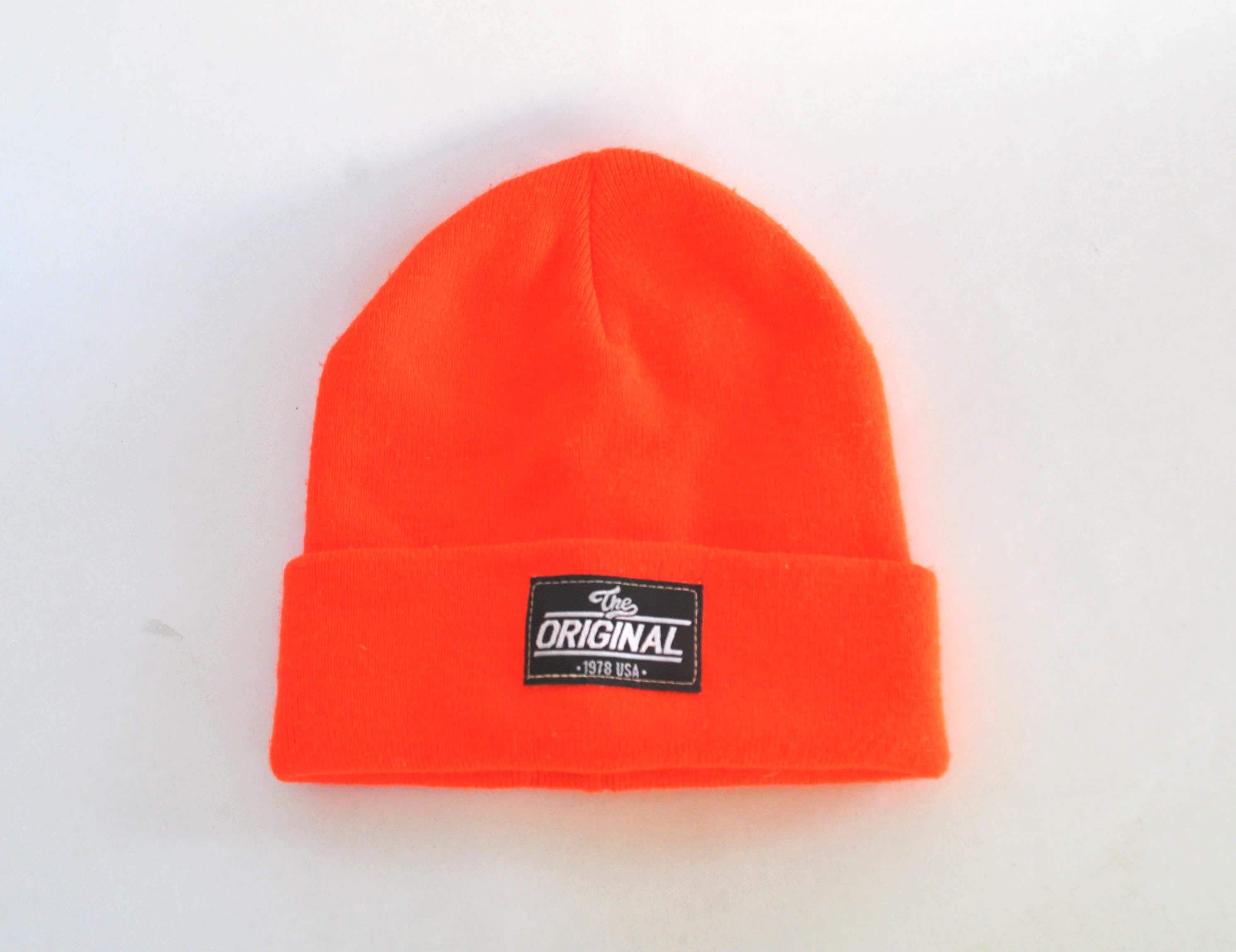 Vintage Neon Orange Beanie Hat – Retro Knit Winter Cap – High