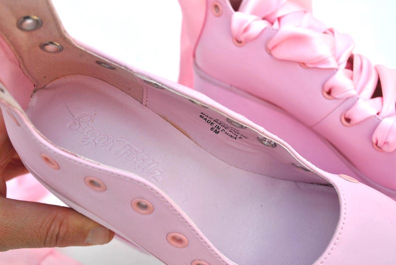 Pink Platform Heels With Satin Ribbon Laces, Y2K Balletcore Chunky Shoes, Kawaii Harajuku Clubwear Statement Footwear size eu 39 us 8 uk 6 image 7