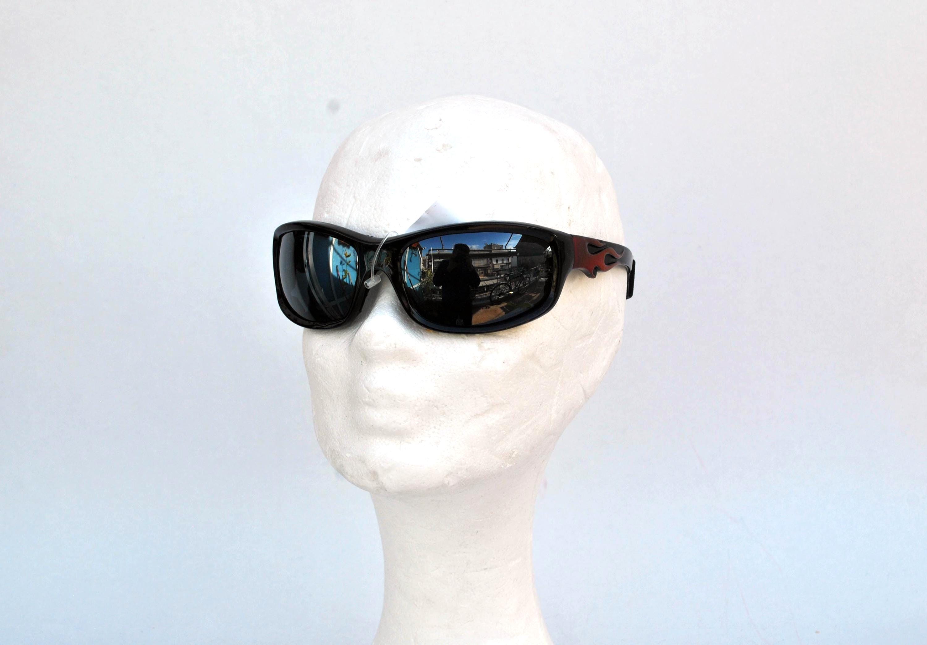 Black Wraparound Sunglasses With Flame Detail | Y2K Sport