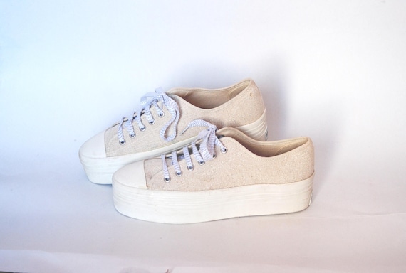 Vintage Beige Platform Sneakers – Chunky Canvas Trainers – 90s Y2K Style Shoes size eu 41 us 10 uk 8