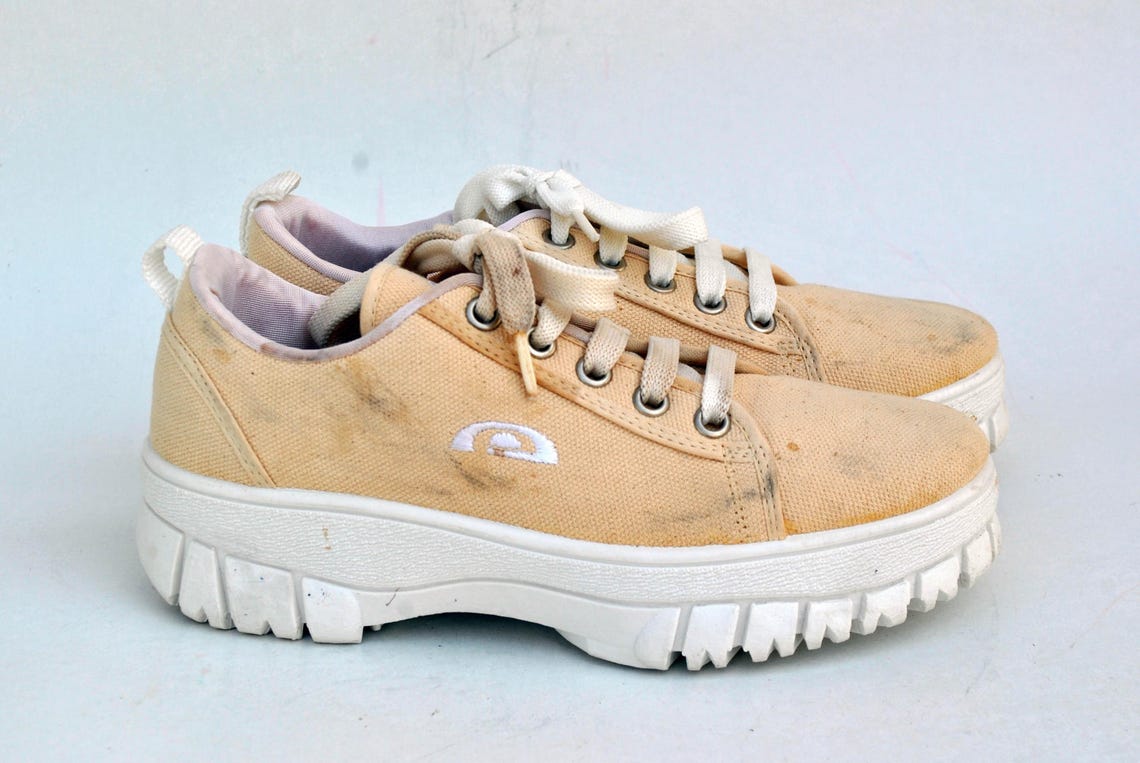 Beige chunky sneakers vintage womens shoes 90s combat sneakers summer canvas shoes size EU 40 uk 7 us 9 low casual shoes platform sneakers, foto 4 di 5