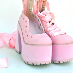 Pink Platform Heels With Satin Ribbon Laces, Y2K Balletcore Chunky Shoes, Kawaii Harajuku Clubwear Statement Footwear size eu 39 us 8 uk 6 image 8