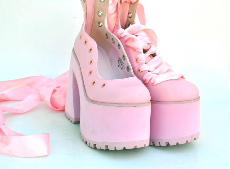 Pink Platform Heels With Satin Ribbon Laces, Y2K Balletcore Chunky Shoes, Kawaii Harajuku Clubwear Statement Footwear size eu 39 us 8 uk 6 image 8