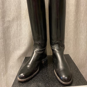 May include: A pair of black leather riding boots with a pointed toe and a tall shaft.
