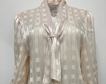 Vintage 1980s shiny cream blouse, with neck tie, mistress, secretary, size M, costume