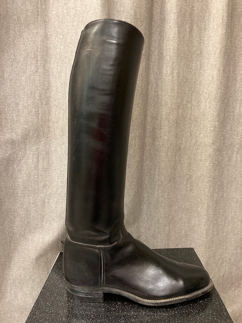 May include: A pair of black leather riding boots with a tall shaft and a pointed toe.