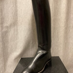 May include: A pair of black leather riding boots with a tall shaft and a pointed toe.