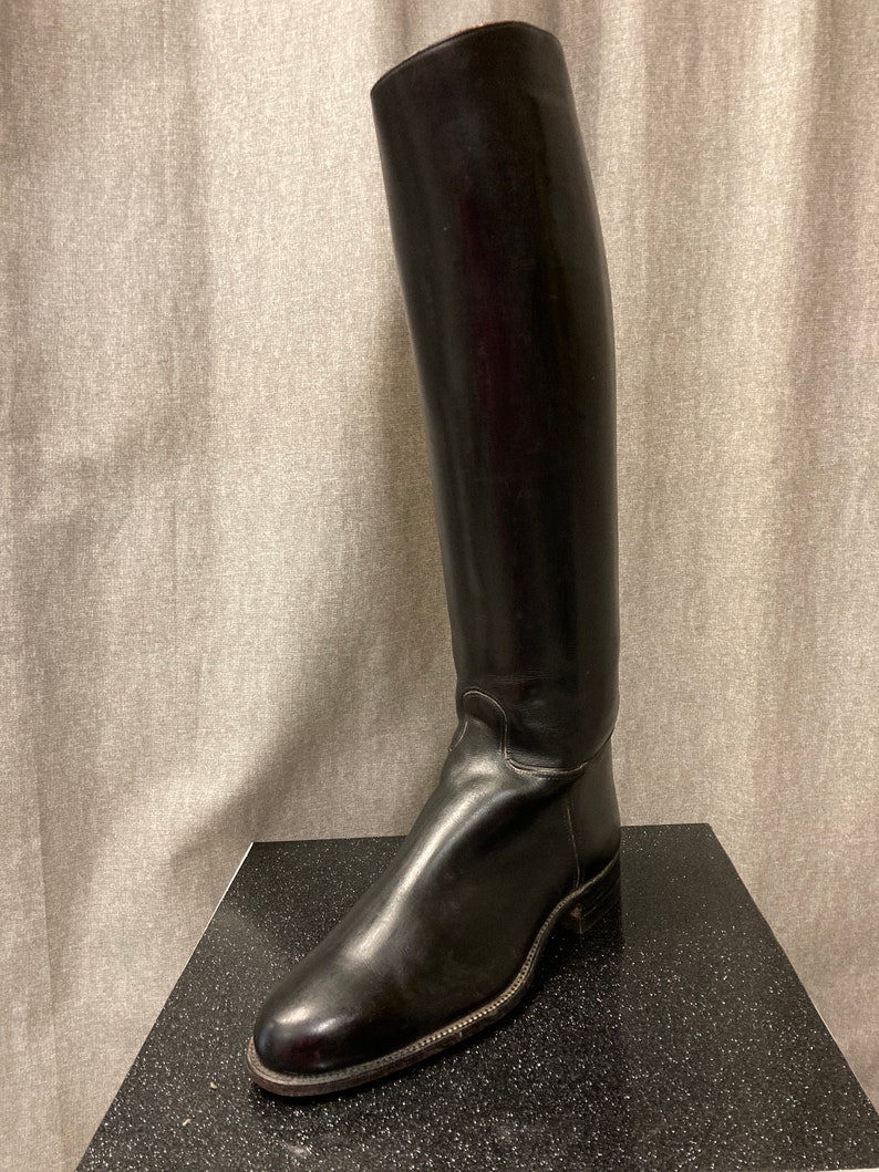 May include: A pair of black leather riding boots with a tall shaft and a pointed toe.