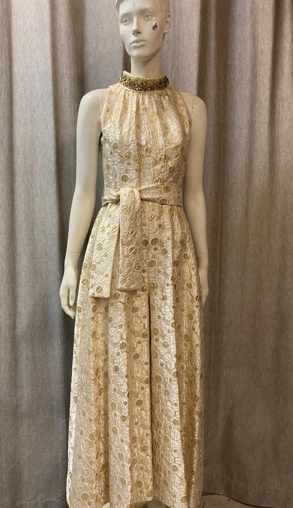 Stunning vintage 1960s lamé cream and gold palazz… - image 1