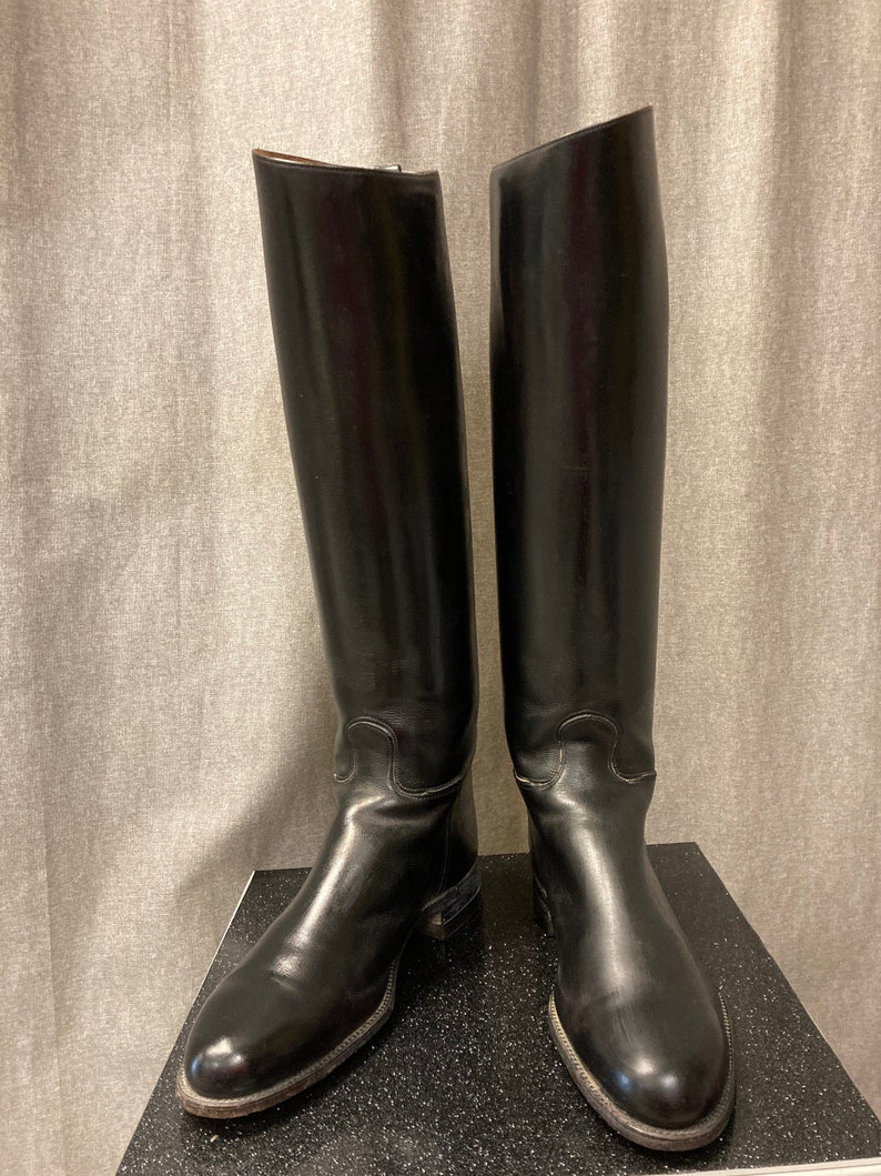 May include: A pair of black leather riding boots with a pointed toe and a tall shaft.