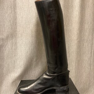 May include: Black leather riding boots with a tall shaft and a pointed toe.