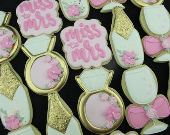 Miss to Mrs Bridal Shower Cookies, Shower Favor, Wedding Ring Cookie, Champagne Bottle Flute, Wine Glass Party Favors, Custom Cookies