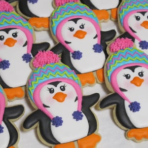 Winter Penguin Cookies, Winter Holiday Theme Christmas Decorated Sugar Cookies, Birthday Party, Holiday Favors, Xmas Snow Cookies