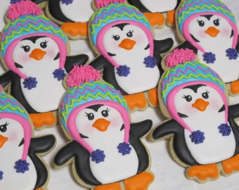 Winter Penguin Cookies, Winter Holiday Theme Christmas Decorated Sugar Cookies, Birthday Party, Holiday Favors, Xmas Snow Cookies