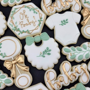 Oh Baby! Shower Cookies, Sage and Gold Color Scheme (1 dozen)