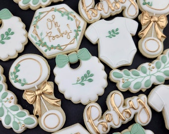 Oh Baby! Shower Cookies, Sage and Gold Color Scheme (1 dozen)