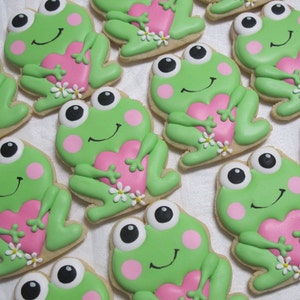 Frog with Heart Decorated Sugar Cookies Frog Cookies Love, Baby Shower, Valentines Day gift, Birthday Party Cookie Favors, Mothers Day gift