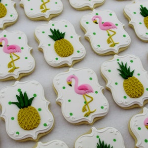 Pineapple and Flamingo Cookies, Pineapples Flamingos Cookie Favors, Tropical Beach Theme Birthday Party, Decorated Sugar Custom Cookies