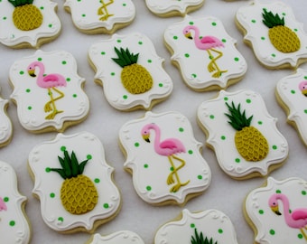 Pineapple and Flamingo Cookies, Pineapples Flamingos Cookie Favors, Tropical Beach Theme Birthday Party, Decorated Sugar Custom Cookies