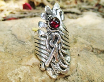 Sterling Silver Bohemian Long Ring Artisan Crafted Garnet Gemstone Jewelry Unique Unusual Design Ideal for Special Occasions