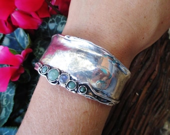 Wide  silver gemstone cuff bracelet for women, Hammered silver jewelry, Design by Amir Poran
