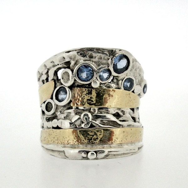 Silver & Gold wide  ring ,Two tone vintage ring for women, Multi stone ring, Design by Amir Poran