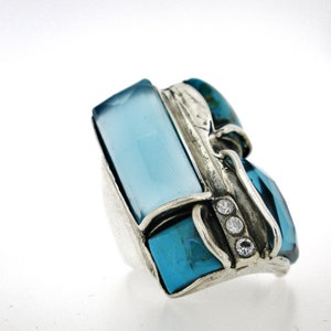 Long statement geometric rectangular silver ring, Wide bohemian  turquoise and blue stones ring