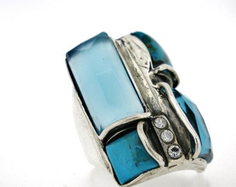 Long statement geometric rectangular silver ring, Wide bohemian  turquoise and blue stones ring