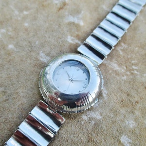Women&#39;s silver watch bracelet, Silver rectangular links watch, Oxidized engraved silver watch