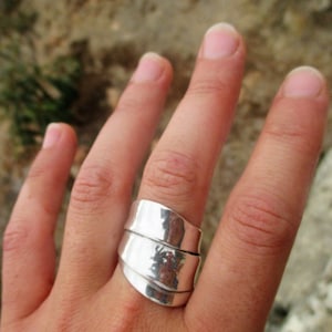 Sterling silver statement wide band unique ring,Unisex layered silver ring,Stylish bohemian silver gift.