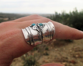 Long silver statement Turquoise ring , Wide cuff BOHO ring, Comfortable modern ring, Porans design