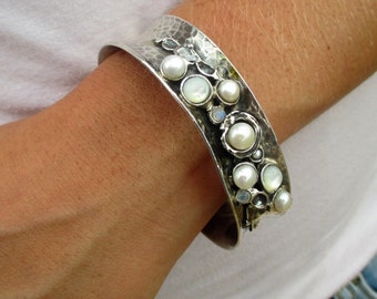 Vintage pearls silver cuff bracelet, Handmade  multi stone delicate cuff for women