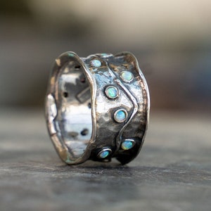 Silver wide band opal ring for her   Multi stone hammered textured ring