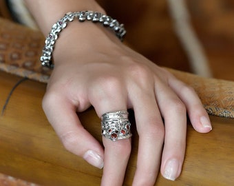 Sterling silver wide gemstone ring for women,Big statement filigree silver jewelry,Design by Amir Poran